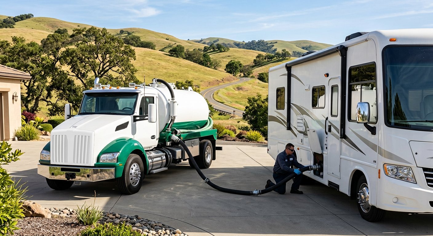 Mobile vacuum sanitation pump truck servicing a parked RV waste water holding tank on an East Bay property